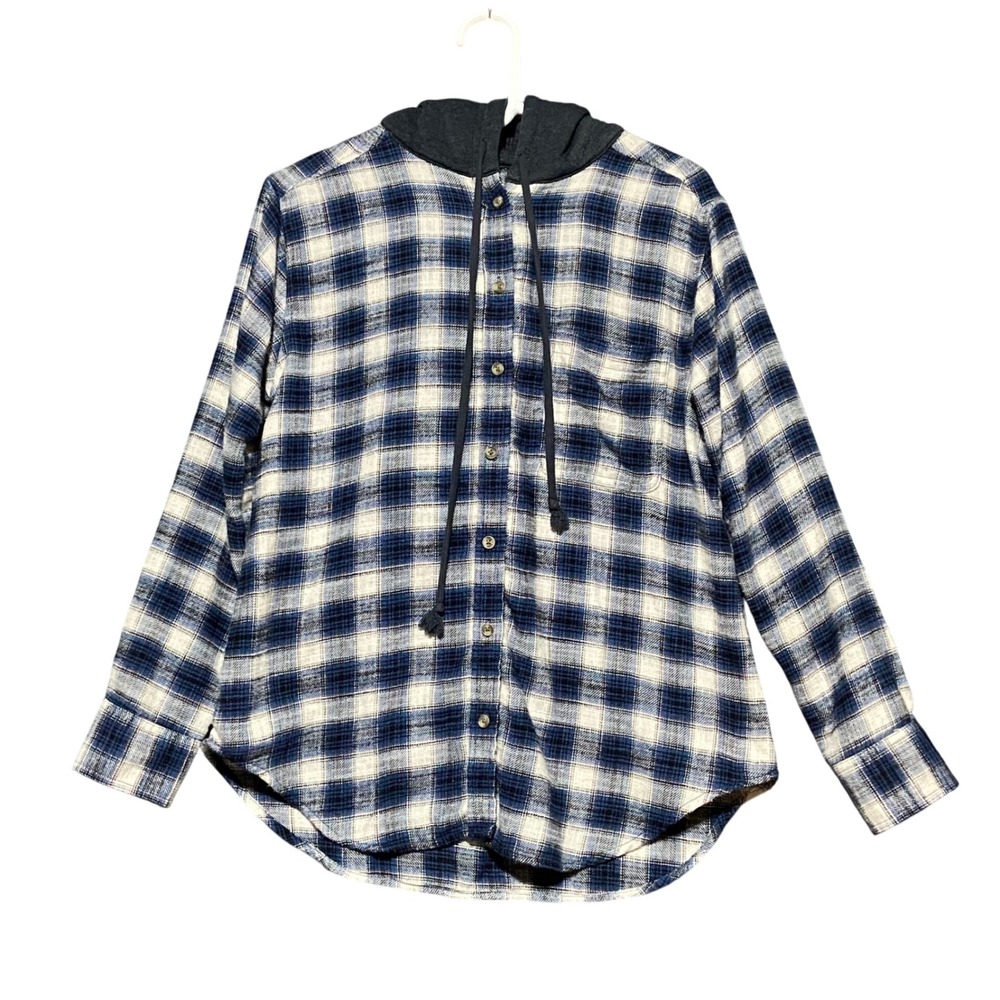 American Eagle Women's Plaid Flannel Hooded Shirt XS Button Up‎ Blue White